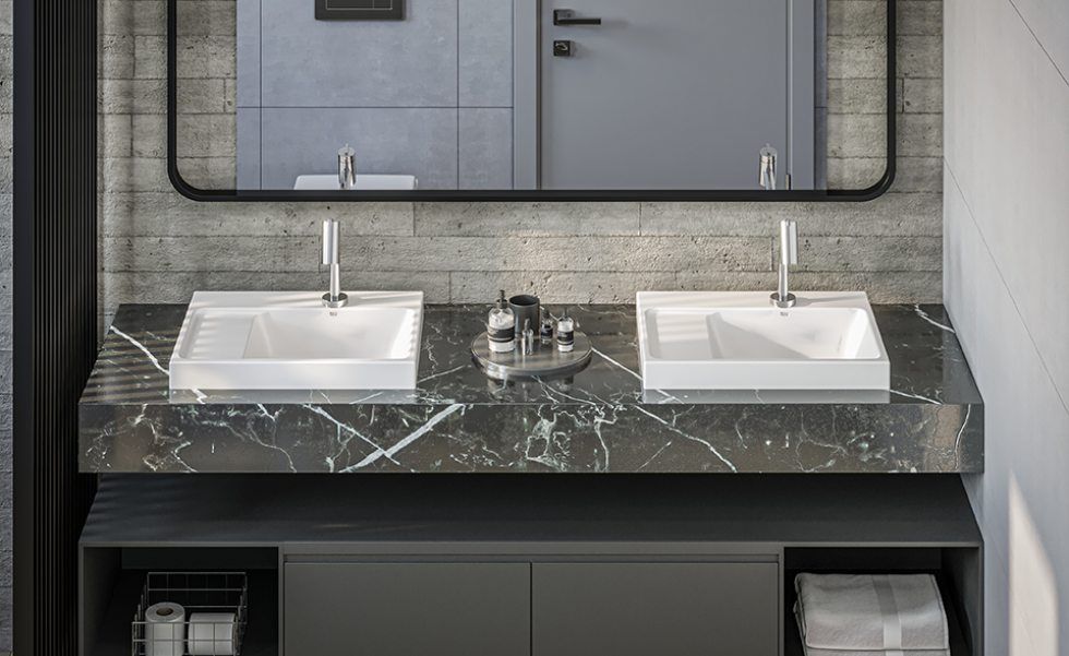 Bancada para banheiro de casal, com cubas da linha Optica